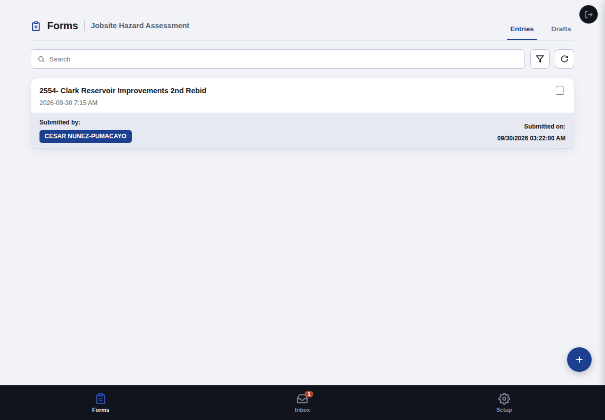 Forms list with search, filter, and the new-assessment button