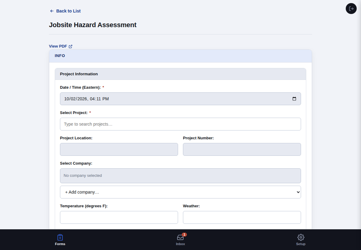 Top of a new JHA form - project, company, temperature, weather