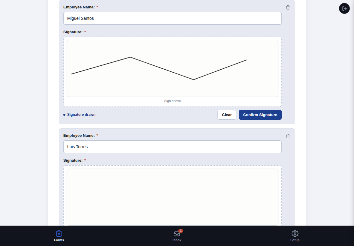 An employee signature box with a signature drawn and Confirm Signature enabled
