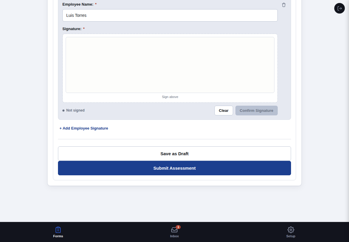 Add Employee Signature, Save as Draft, and Submit Assessment buttons